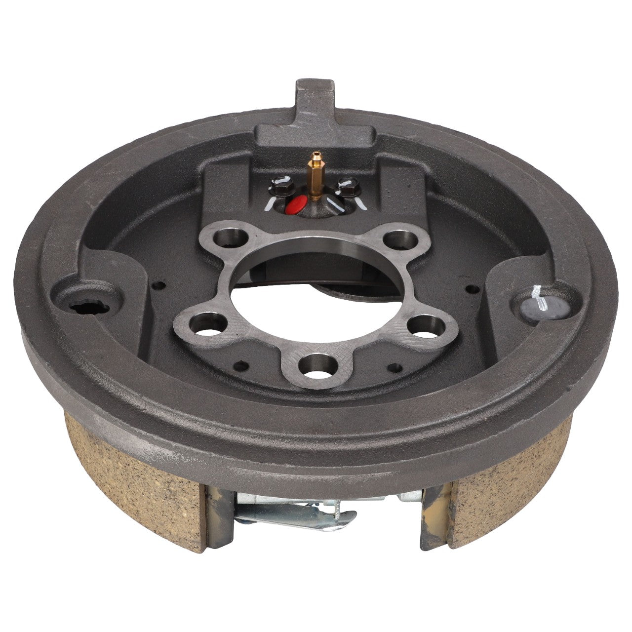 Introducing the AGCO | Brake, Left Hand - Acw1528850: A robust black mechanical component with a circular design, incorporating multiple holes and an internal gear system. Ideal for integration into larger machinery or vehicles, this high-quality part is designed to meet the demanding standards of AGCO.