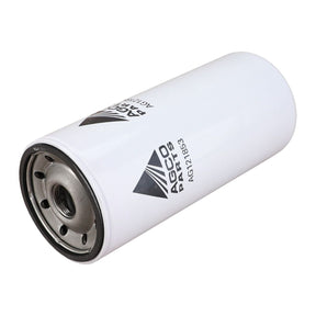 Close-up of a cylindrical AGCO engine oil filter with a white body and gray metal base, labeled "AGCO Engine Oil Filter Spin On - AG121853." This high-quality filter prevents wear and corrosion, extending component life for your machinery.