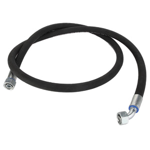 A black AGCO hydraulic hose (Acw2531760) with metal fittings on both ends, one curved and the other straight, against a white background.