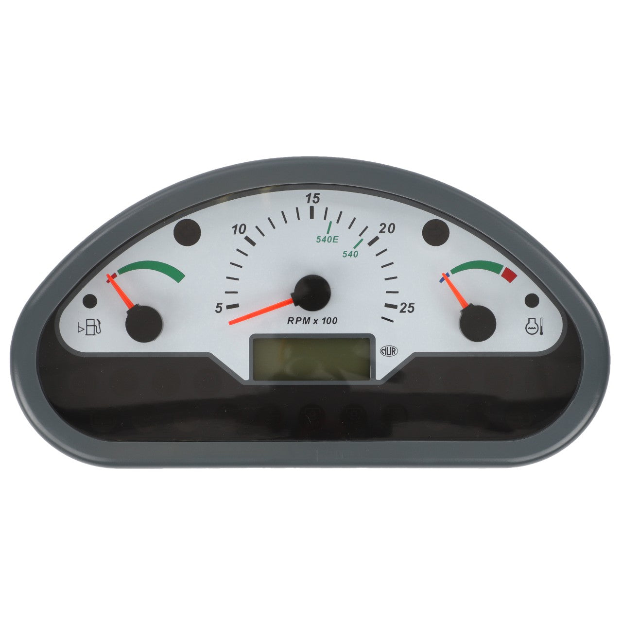 The AGCO Instrument Panel - Acp0349560 features a semicircular dashboard with a centrally located tachometer, a fuel gauge on the left, and an oil temperature gauge on the right, providing essential information at a glance.