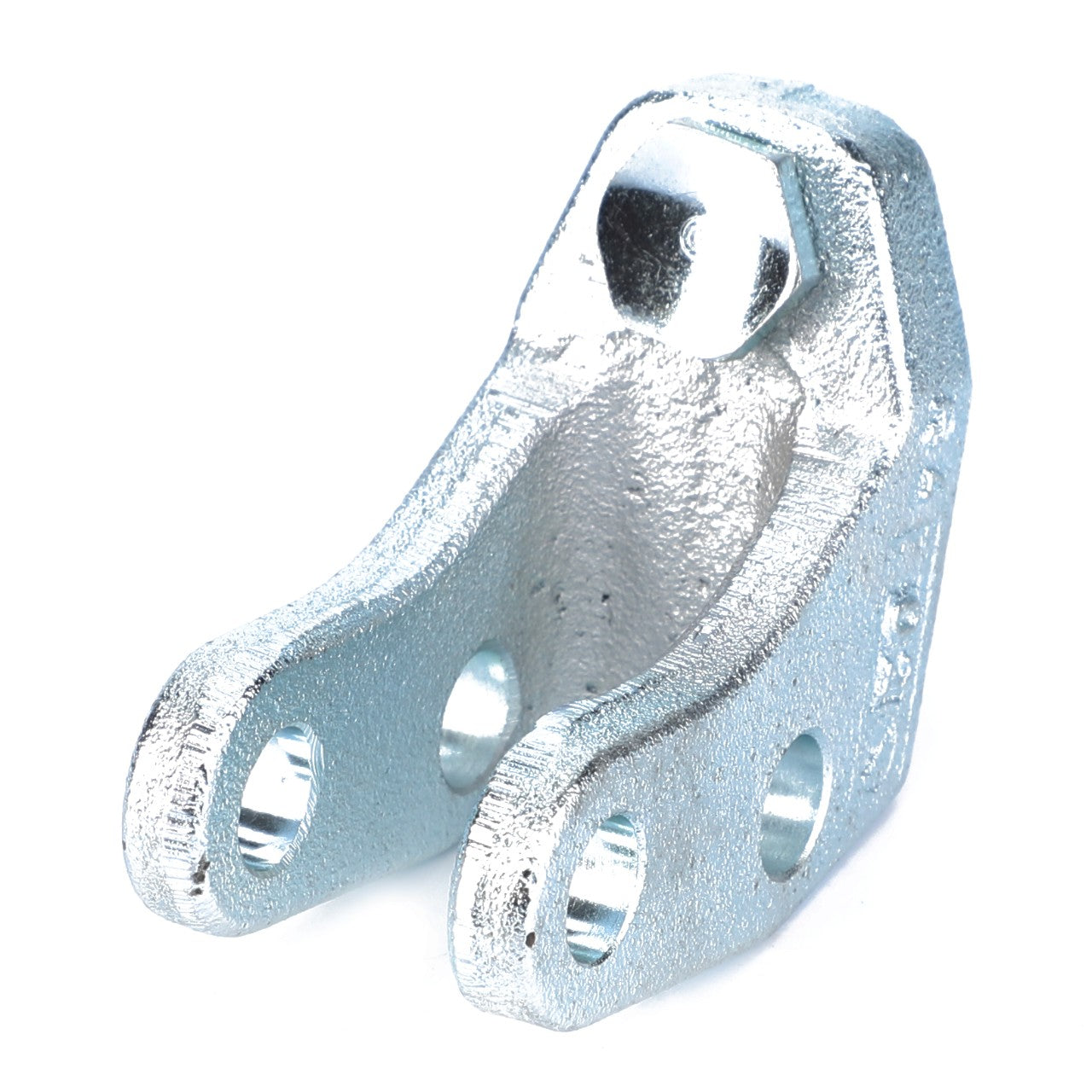 The AGCO Clevis Arm, Ball, Trailer Hitch - F931502165251 is a metallic, U-shaped mechanical component with holes and a hexagonal bolt at the top, making it ideal for hitch linkage components.