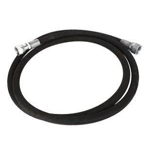 The AGCO Hose - Acp0319200 is a black rubber hose with silver metal fittings on both ends, coiled into a circle.