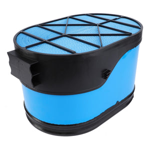 The AGCO | Engine Air Filter Cartridge - Acw0456300, featuring a blue and black oval-shaped design with a durable plastic casing, ensures engine protection and high filtration efficiency.