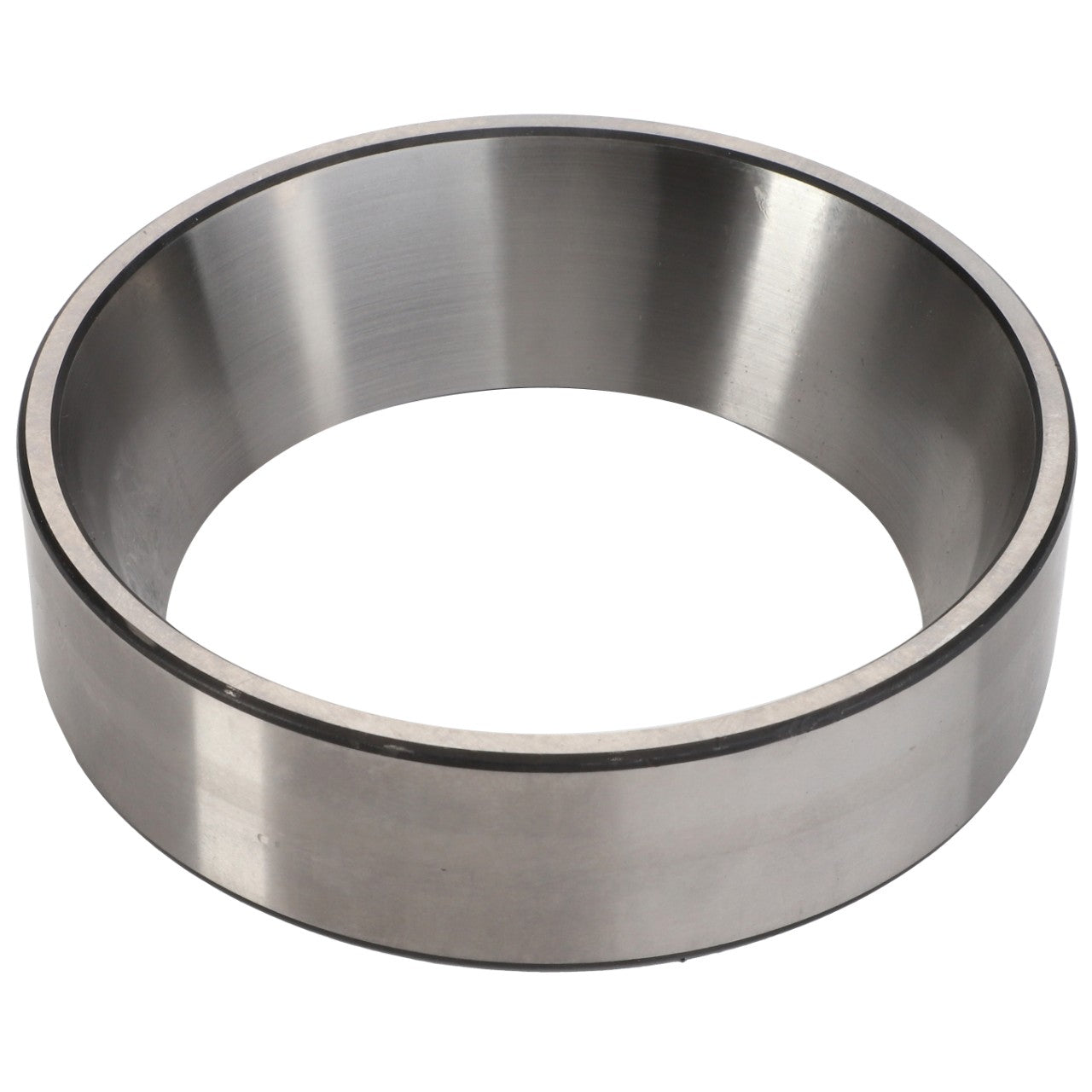 A close-up view of the AGCO BEARING CUP - AG706914, a metallic cylindrical ring with a smooth surface, commonly utilized as a Tapered Roller Bearing to manage thrust loads in various machinery.