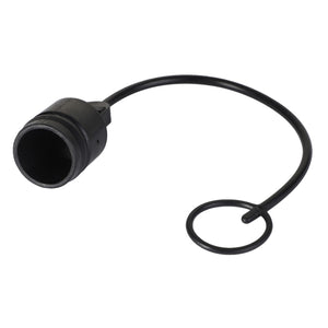 The AGCO | DUST PLUG - CH165-5694 by AGCO features a black protective dust cover cap with an attached looped tether to securely cover electrical connectors and ensure the integrity of current information.