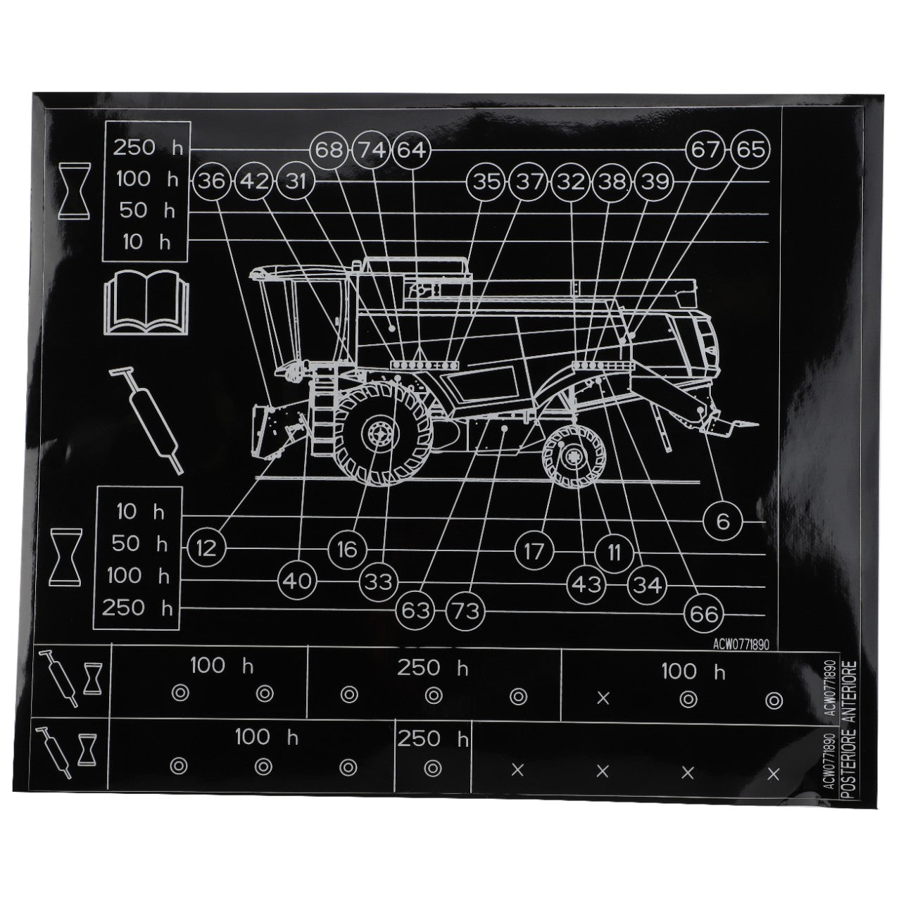 A technical diagram of the AGCO | Decal, Left Hand - Acw0771890 machine with numbered parts and maintenance intervals labeled in hours, including icons for tools and a manual, displayed on a black background. No current product description information is available.