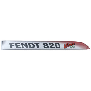 Close-up of an "AGCO | Lettering - 725500020830" decal with a silver background, black text for "Fendt 820," and red and green text for "Vario TMS," showcasing Fendt Vario's precision design.