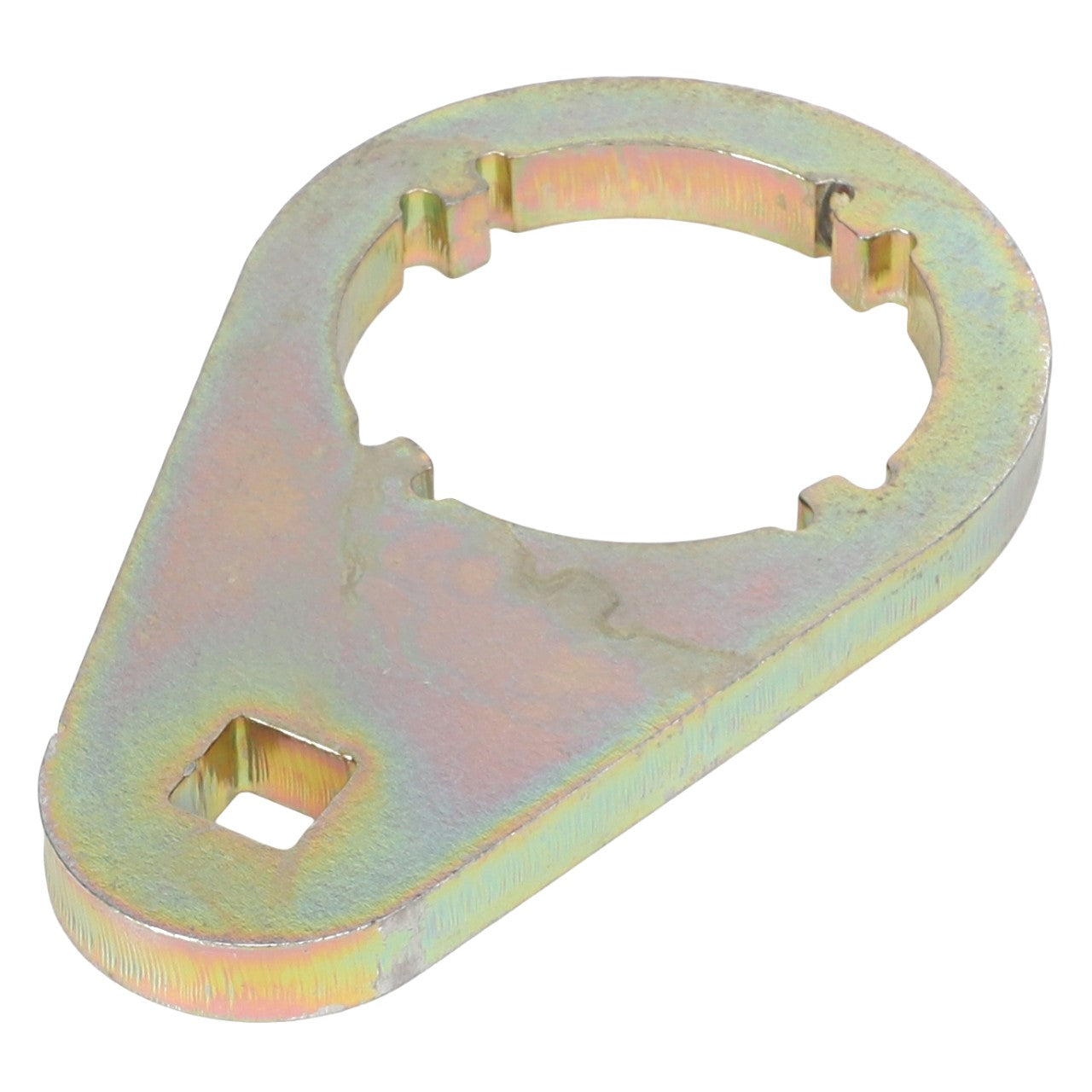 The AGCO Tool - Acw1229250 is a metal spanner wrench with a teardrop shape and a circular opening featuring interior notches, as well as a square opening near the tip. No current product description information is available at this time.