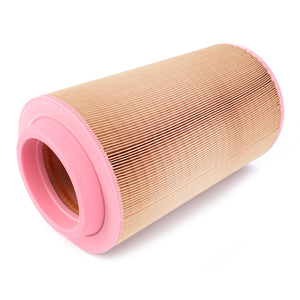 The AGCO Engine Air Filter Cartridge - 3902783M2, featuring pleated paper construction and pink rubber end caps, ensures 99.9% filtration efficiency, promising to extend service life. This AGCO Genuine Air Filter Cartridge delivers superior performance for your equipment.