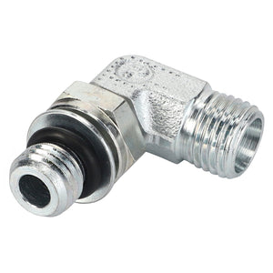 The AGCO Elbow Fitting - Acw3658330 is a metallic right-angle pipe fitting featuring threaded ends and a black rubber gasket, ensuring a secure and leak-free connection.