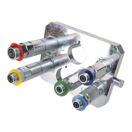 The AGCO | Multicoupling - Acw0622510 from AGCO is a metal manifold featuring five hydraulic quick-connect couplers, each identified by a different colored ring: red, yellow, blue, green, and black. No additional product description information is available at this time.