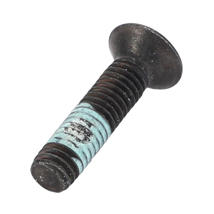 Close-up of a single AGCO Hex Socket Head Countersunk Bolt - Acw1987420 with light blue thread locker skillfully applied to the threads.