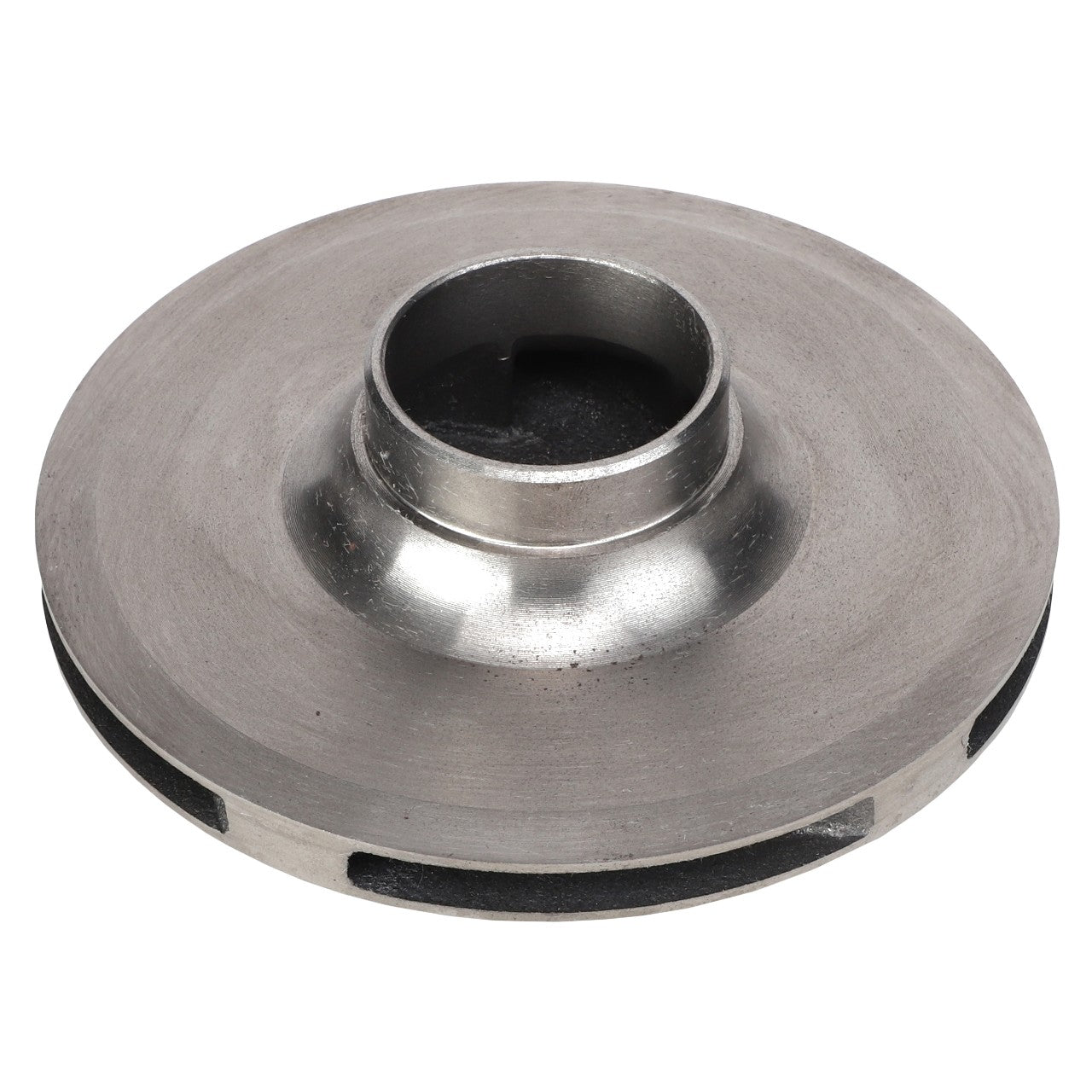 The AGCO | IMPELLER - AG051596 is a metallic disc-shaped object with a central hole and radial slots, designed as a mechanical component or part of a machine. For any questions relating to its function or suitability, please contact our support team for assistance.