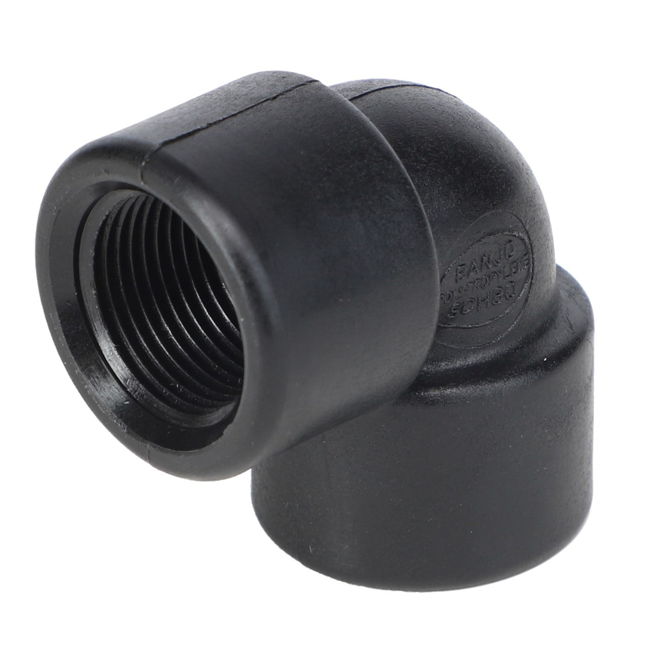 The AGCO Elbow Fitting - Ag051126 is a black plastic elbow pipe connector with threaded internal surfaces, designed for connecting two pipes at a 90-degree angle.