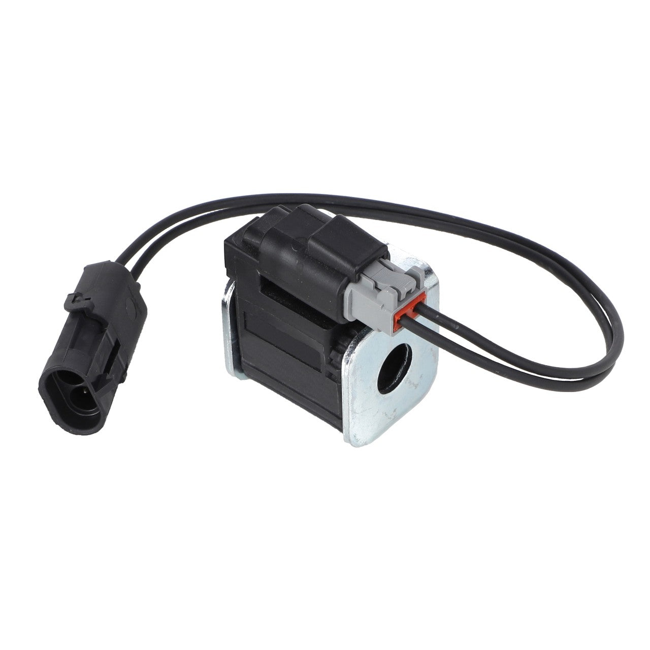 The AGCO | Coil - AG137411 by AGCO is a black inline automotive solenoid valve featuring attached wiring and a connector, designed to provide OE quality for superior performance and durability.