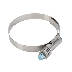 The AGCO Clamp - Acw0140360 is a metal hose clamp with a screw-tightening mechanism used to secure hose connections.