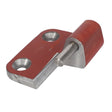 AGCO Hinge, Door, Left, Lower/Male - 3476147M91 for Fendt Models with two mounting holes and a cylindrical pivot in a silver and red finish.