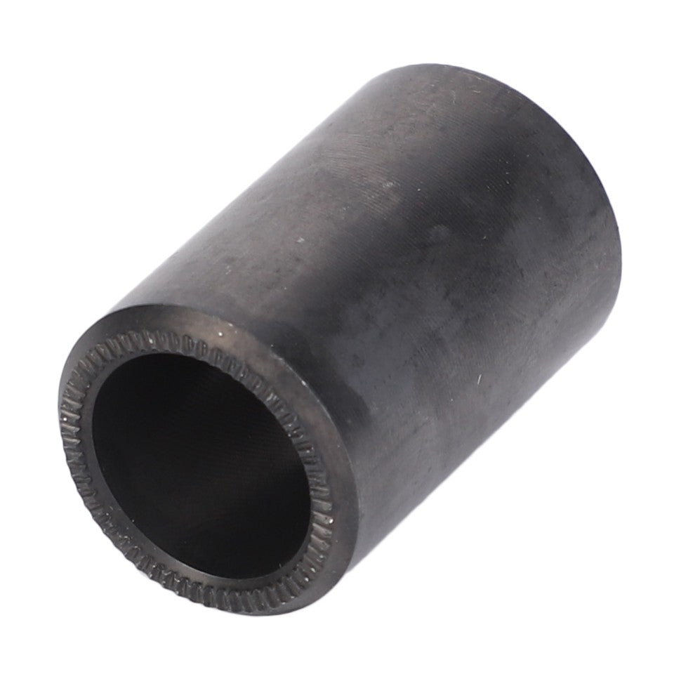 The AGCO | SLEEVE BUSHING - V30791600, a cylindrical black metal sleeve with a hollow center and smooth outer surface, is shown against a white background. Product description information is currently unavailable.