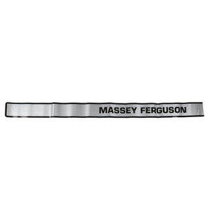 A metallic-grey rectangular sign with "Massey Ferguson" written in bold black letters, designed for Massey Ferguson models, officially known as the AGCO Decal, Bonnet, Left Hand - 3714220M1.