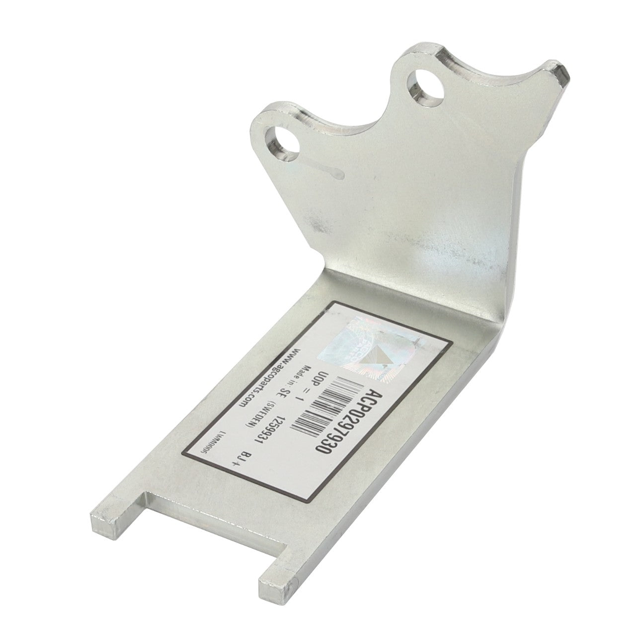 The AGCO Bracket - Acp0297930 is a metal bracket with a label attached, featuring three holes at the top and a bent angle at one end. Currently, there is no detailed product description available for this item.