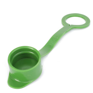 Green plastic measuring scoop with a circular handle, featuring volumetric markings on the handle, inspired by the precision of AGCO's Dust Cap - X591900800010.