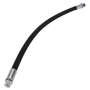 An AGCO Hydr. Hose - Acw0220990, featuring a flexible black design with sturdy metallic connectors at both ends.