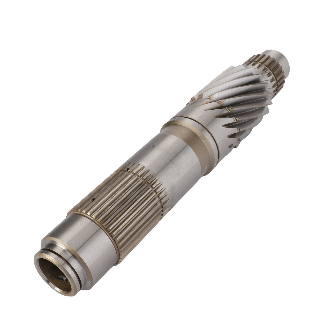 The AGCO | Shaft - 3796321M6 is an industrial metal mechanical gear shaft featuring helical and straight gear teeth, designed for use in machinery or automotive applications, including Massey Ferguson models.