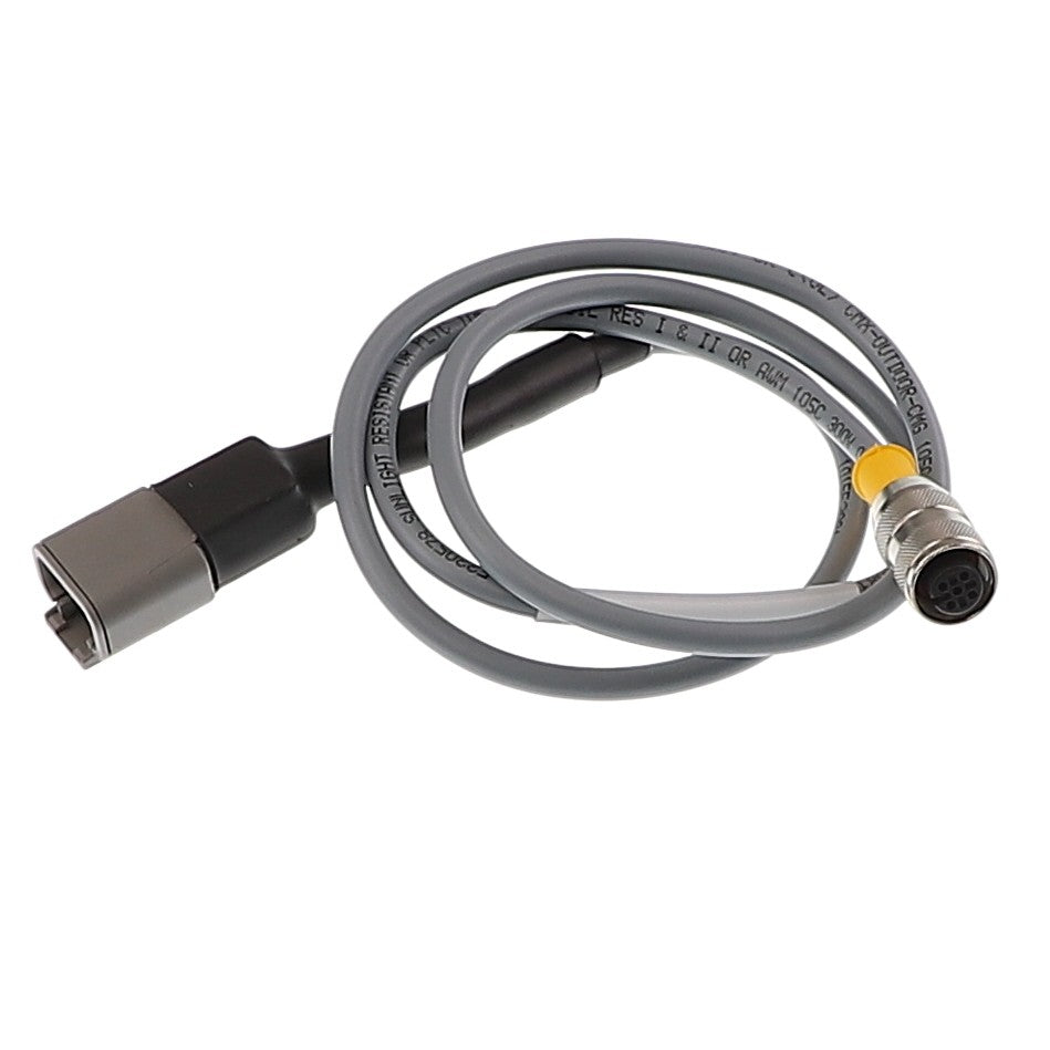 The AGCO Meter Speed Harness (Acp0008590) includes a sleek gray coiled cable with two distinct connectors: one black rectangular and the other silver circular adorned with gold contacts, ensuring a reliable and stylish connection for your devices.