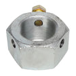 Product Description: A close-up of the AGCO | Nut - Acp0021470, a hexagonal metal coupling nut with a threaded interior and two holes on the sides.