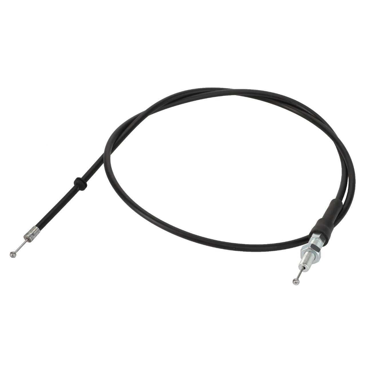 The AGCO CONTROL CABLE - AL521087 is a black throttle cable with metal ends, designed for mechanical control and coiled in a loose loop.