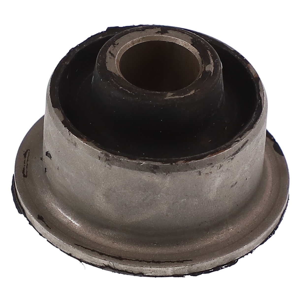 A worn AGCO | SLEEVE BUSHING - V30543800 cylindrical metal and rubber mechanical bushing with a central hole, used for reducing friction and wear between parts. No current product description information is available from the brand AGCO.