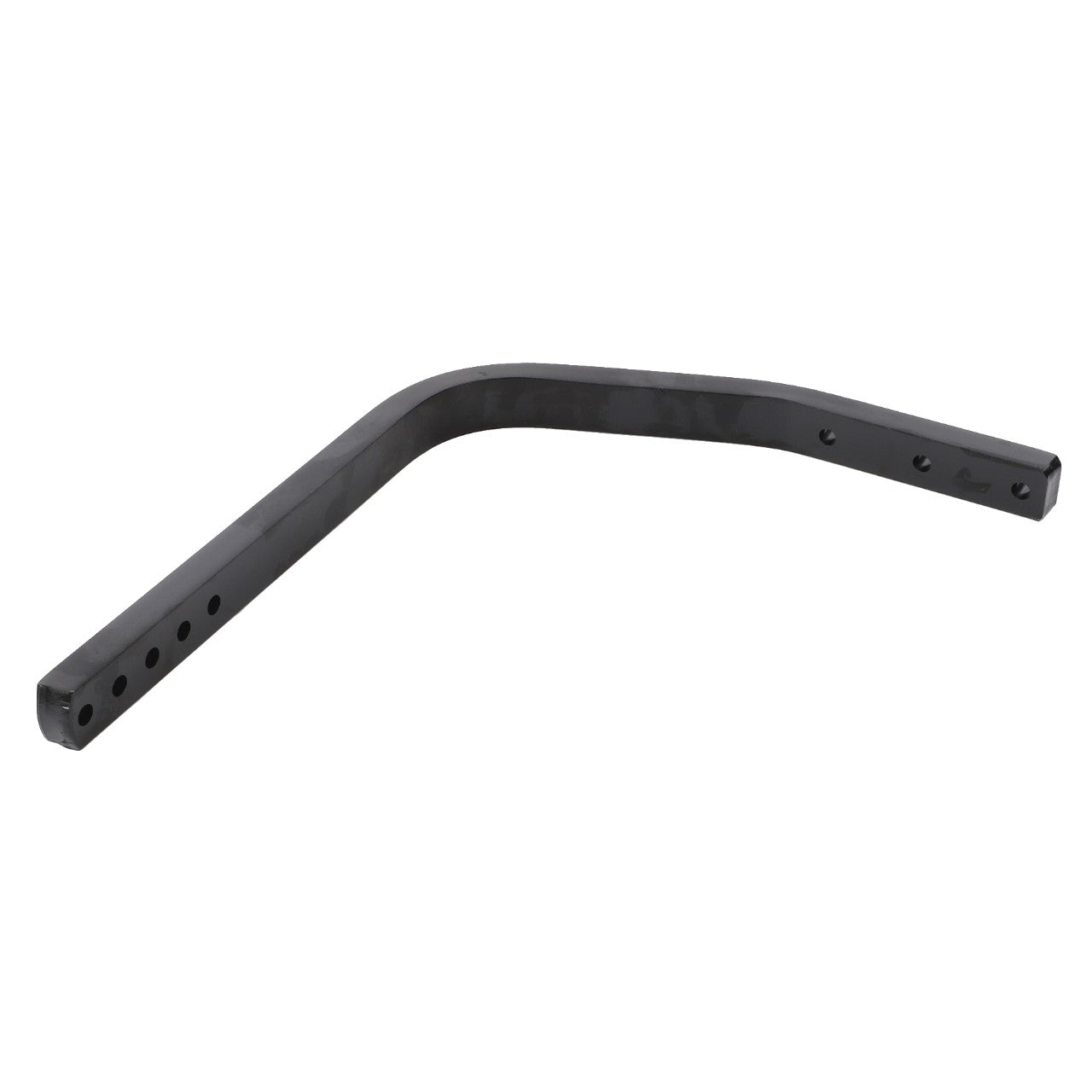 The AGCO Fender Support - 4285025M1 is a black, L-shaped metal bar with multiple holes along one side, designed for adjustable mounting or attaching purposes. It is compatible with Massey Ferguson and Fendt models.