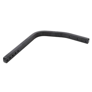 The AGCO Fender Support - 4285025M1 is a black, L-shaped metal bar with multiple holes along one side, designed for adjustable mounting or attaching purposes. It is compatible with Massey Ferguson and Fendt models.