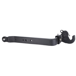 The AGCO Lower Link Arm, Hook End, Right Hand - Acp0327840 is a black trailer hitch designed with a long arm featuring multiple holes and equipped with a quick-release hook attachment on one end.