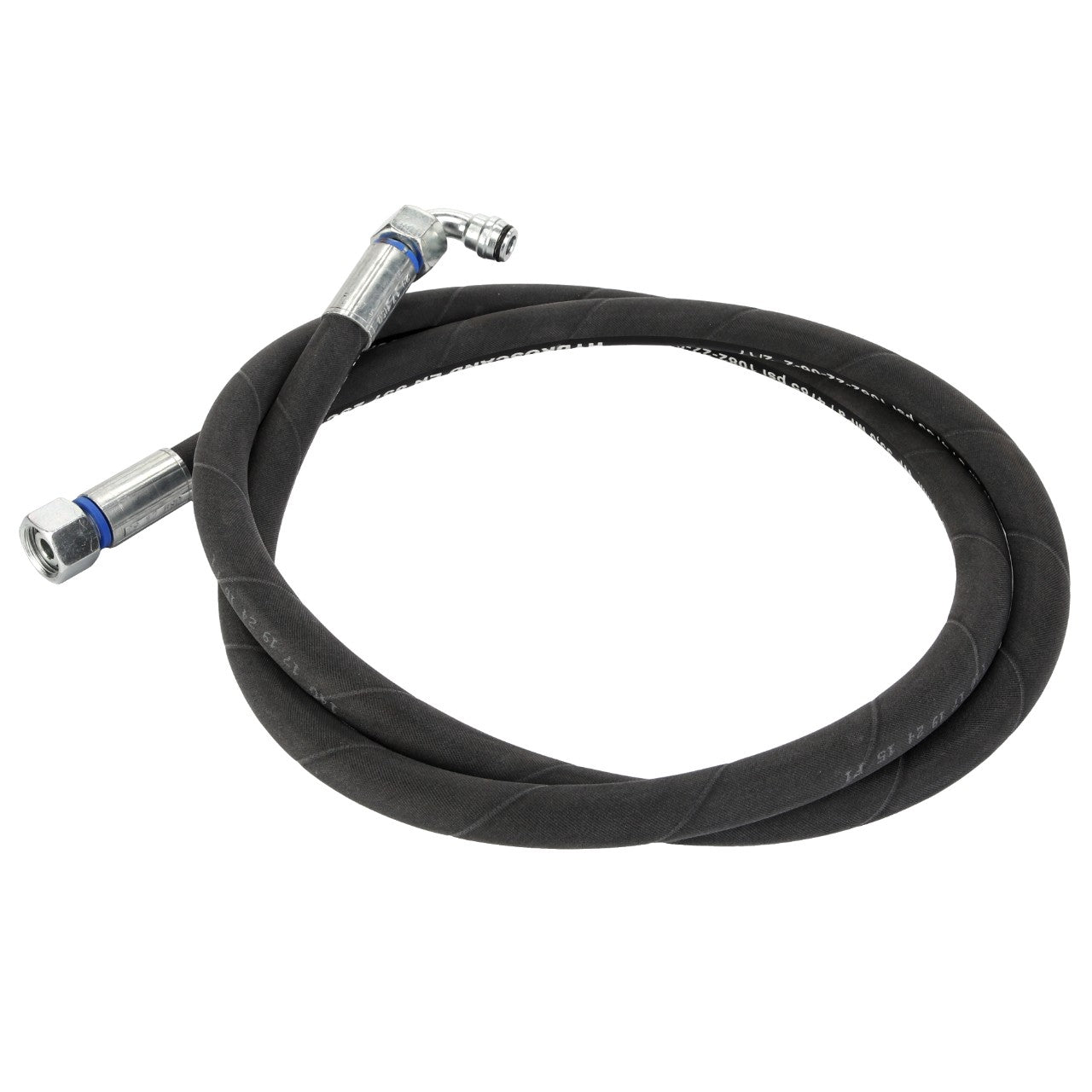 The AGCO Hose - Acw0864160 is a coiled black hose featuring metal fittings on both ends, with one fitting angled at 90 degrees.