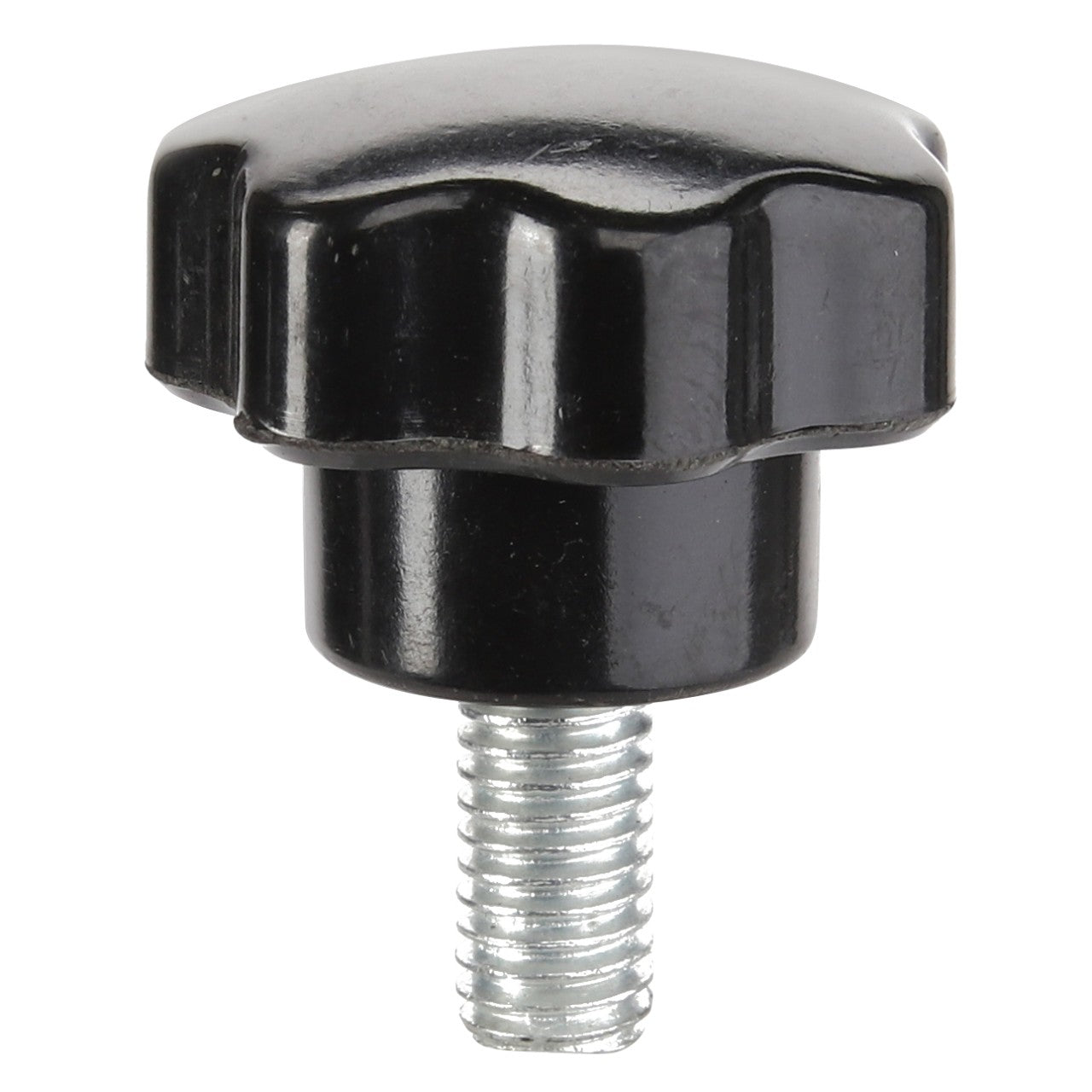 There is no current product description available for the AGCO | KNOB - ACY1176350, a black plastic knob with a threaded metal stud at the bottom, typically used for tightening or adjusting various objects.