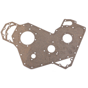 A perforated, rust-brown AGCO Gasket Kit, Timing Cover - 4224612M1 lies flat on a white background. This high-quality gasket features multiple holes of varying sizes and shapes, designed to fit Massey Ferguson models perfectly.