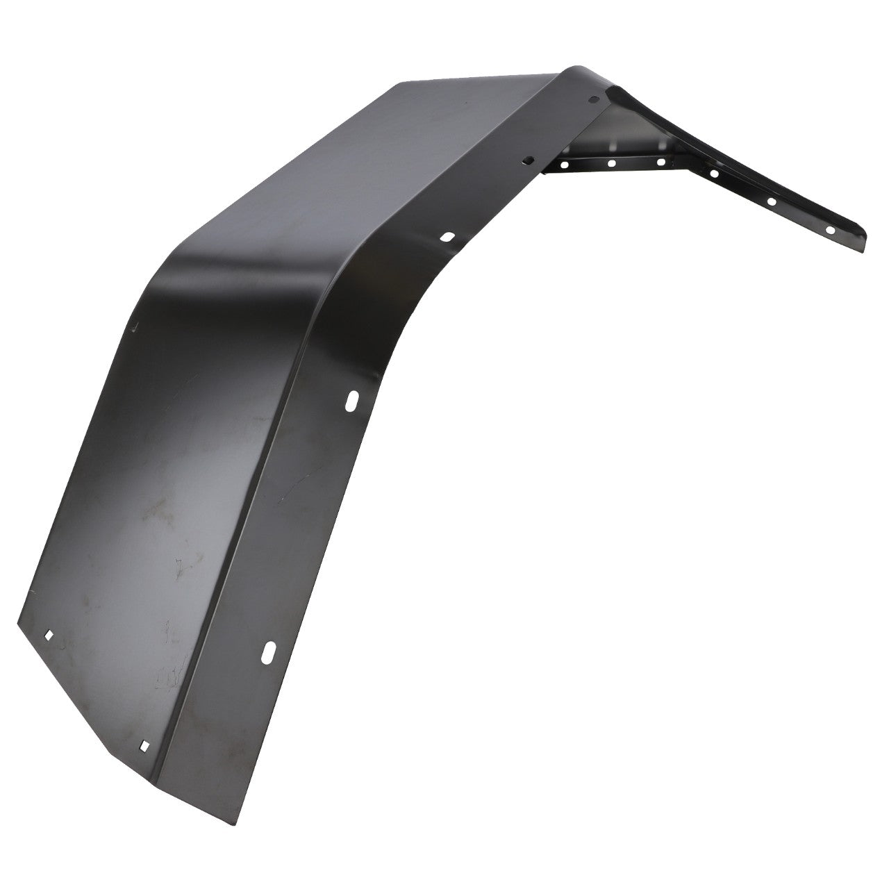 The AGCO Fender, Right (3714631P2) is a black, L-shaped metal bracket with multiple holes for mounting on both sides that is compatible with Massey Ferguson models.