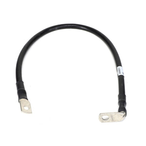 The AGCO Negative Cable - ACW355827A, a black electrical cable with metallic connectors at both ends (one straight and one bent), is showcased against a white background. Currently, there is no additional product description information available for this item.