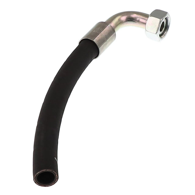 The AGCO Tube - Acw007088A is a black, flexible rubber hose equipped with a silver metallic elbow fitting and a hex nut connector at one end.