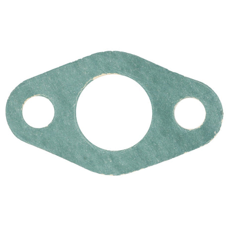 Close-up of the AGCO Oval Gasket - F395200210110: a green, oval gasket with three holes—one large hole in the center and two smaller holes on the sides.