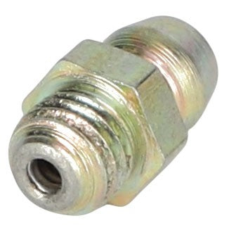 Close-up image of the AGCO | GREASE - AG707527 metallic pipe connector fitting with a threaded design for joining two pipes. It features a hexagonal central section for tightening with a wrench, ensuring a secure connection.