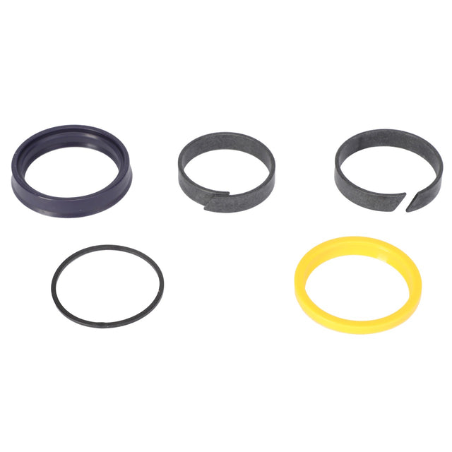 The AGCO Gasket Kit - 0.009.4325.2 features five distinct rings and seals, including a black ring, two split gray rings, a solid yellow ring, and a dark blue ring, all displayed on a white background. If you have any questions or need help with ordering, our support team is ready to assist you.