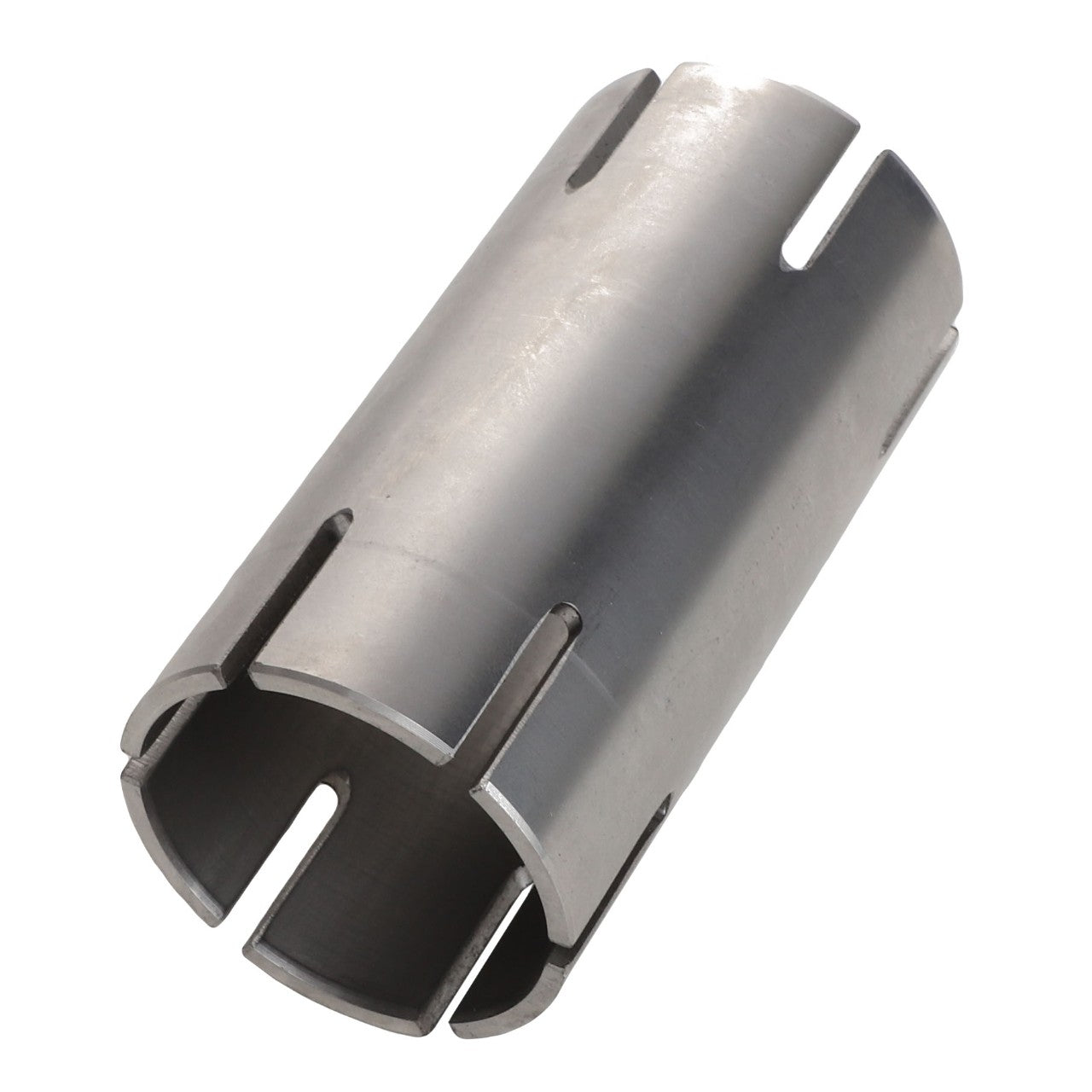 Introducing the AGCO Bearing Sleeve - Acx2810160, a metallic cylindrical component featuring symmetrical vertical slots precisely cut into its sides, showcasing both form and function.