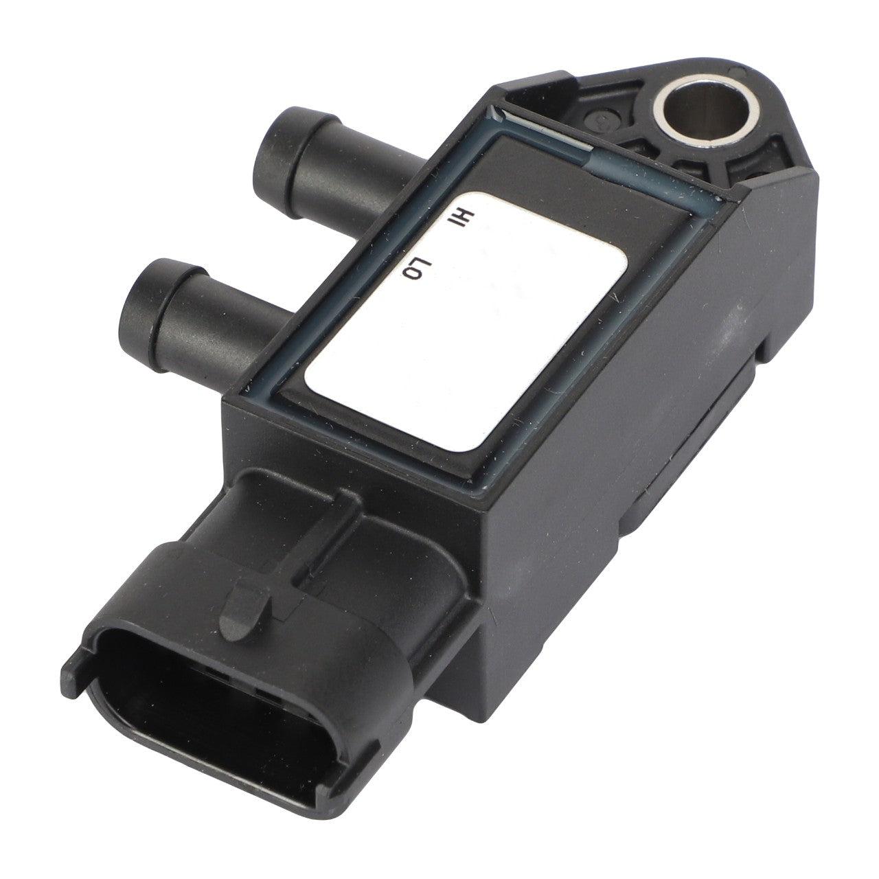 Image of the AGCO Pressure Transducer - G842201110220, a black rectangular car sensor with a white label, featuring two protruding tubes and a connector at the bottom, compatible with Valtra and Massey Ferguson models.