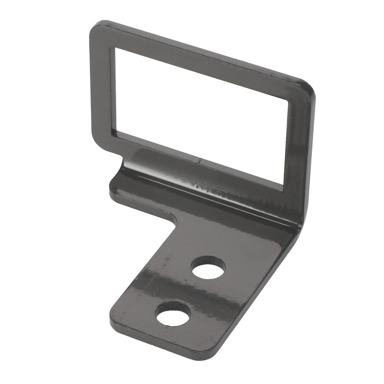 The AGCO | Connector Bracket - Acw2069890 is a metal L-shaped bracket featuring two mounting holes and a precisely cut rectangular opening.