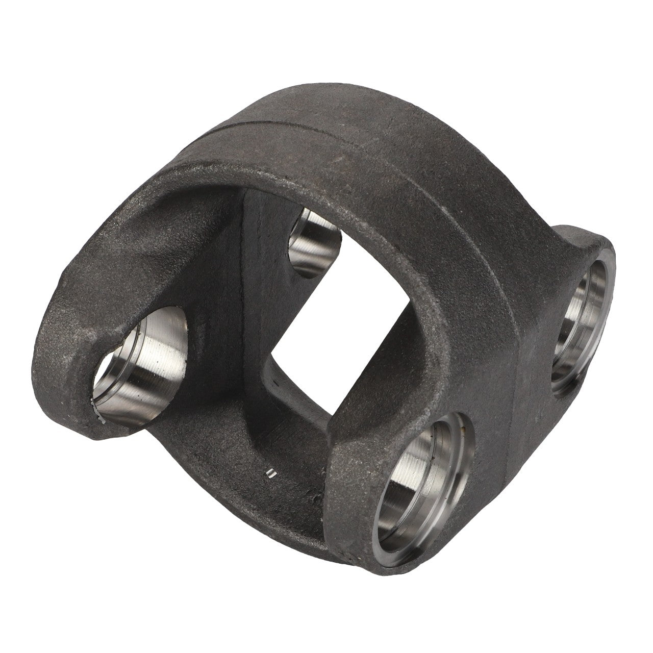 The AGCO Hub, Center Part - Acv0068720 is a meticulously crafted metal yoke featuring four circular openings and a square central cutout, manufactured with precision using CNC technology.