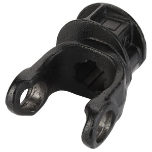 The AGCO YOKE - D45634200 is a black metal universal joint yoke with a U-shaped opening and two holes, designed for mechanical connections.