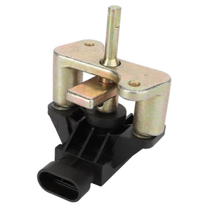 Presenting the AGCO | ACTUATOR - ACY1580960, a sophisticated metallic automotive sensor connector featuring a black plastic base and an electrical plug at the bottom. This product seamlessly integrates into your vehicle's system for optimal performance.