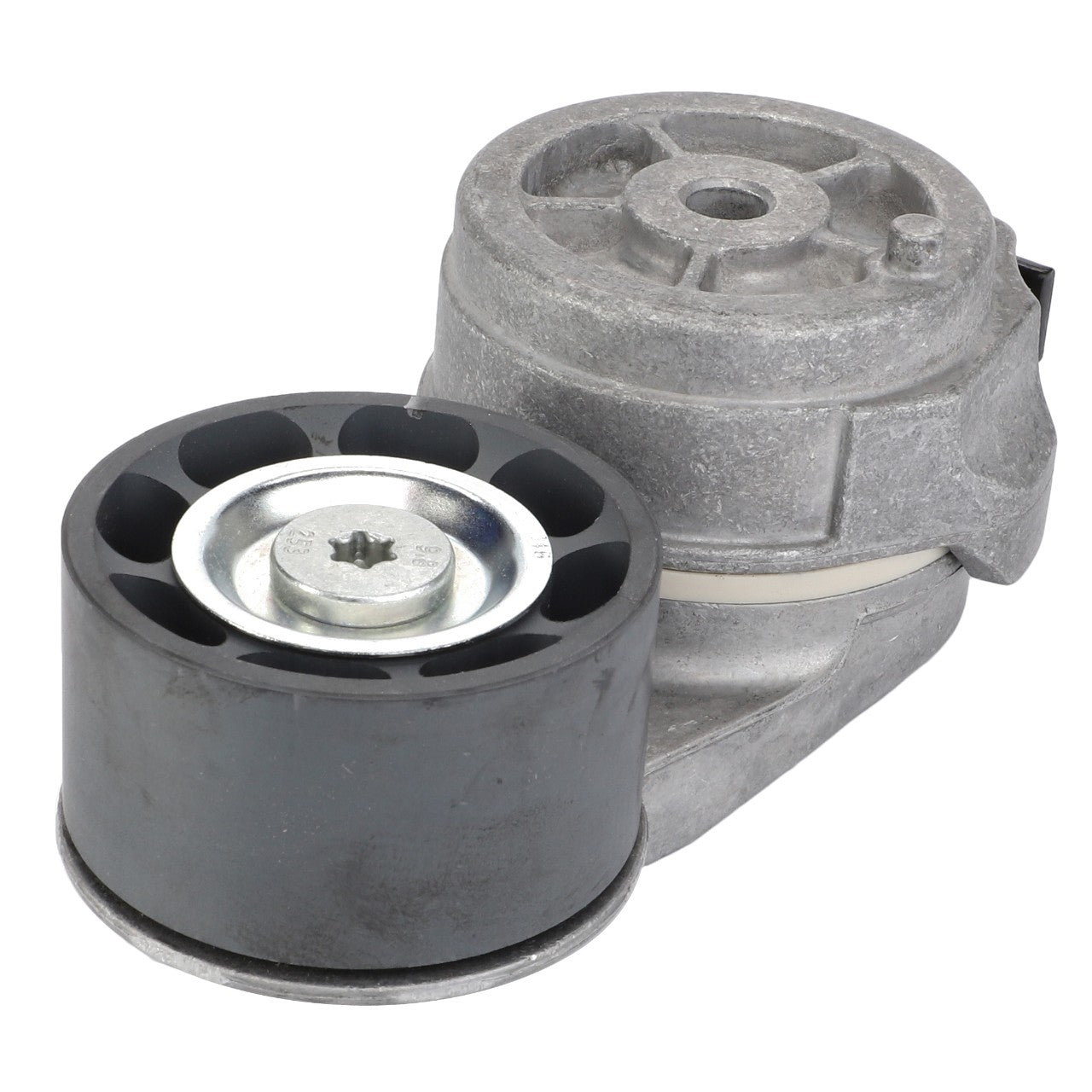 The AGCO Tensioner Pulley - Acw0303190, a metal car belt tensioner featuring a cylindrical pulley and connector component, is depicted against a white background. No current product description information is available.